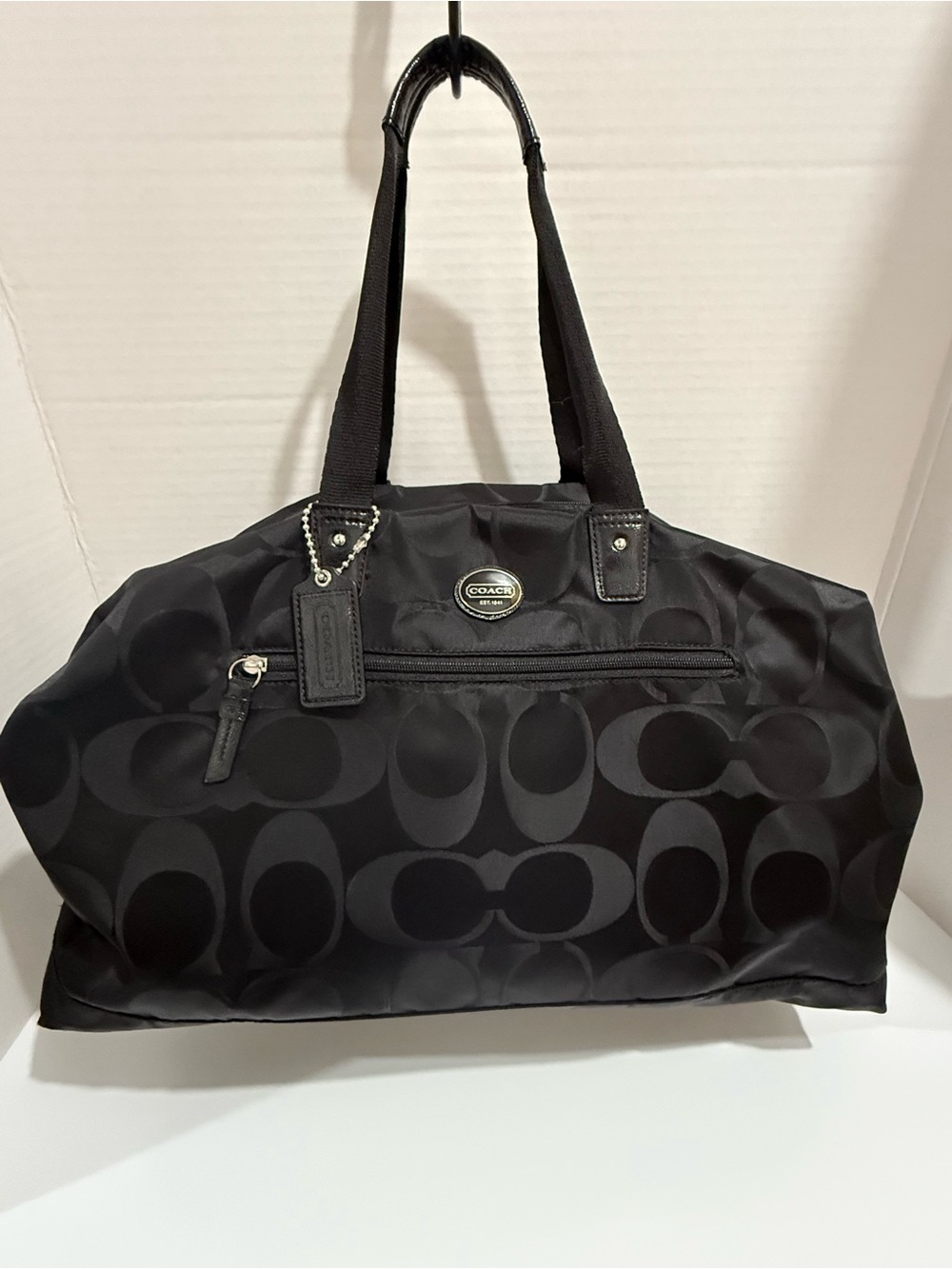 Coach Black Signature Nylon Getaway Duffle Bag Leather Trim F77469 - Picture 3 of 16